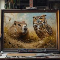 Fine Art Oil Painting Groundhog and Owl, Wildlife Animal Canvas Art, Woodland Forest Wall Decor, Nat