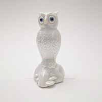 Vintage Westmoreland Glass Iridescent Pearl White Owl Paperweight, Blue Beaded Eyes, Realistic Critt