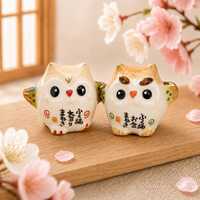 Lucky Owl Pair – Japanese Fukuro Ceramic Figurines, Desk Decor, Good Fortune Charm