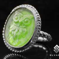 Antique Owl Silver Ring, Black Oxidized 925 Sterling Silver Ring, Green Glass Intaglio Ring, Animal 