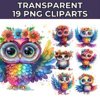 19 Owl Clipart Bundle | Sparkling Owl Sublimation Clipart | Colorful Owls | Owl Artwork | Owl Printa
