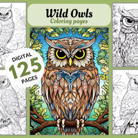 125 Owl Coloring Pages: Instant Download Prints with 12 Colored Examples"