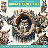 Great Horned Owl Clipart, 24 PNG Files, High-Resolution, Owl PNG, Wildlife Art for Scrapbooking, Inv