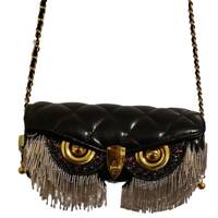 Diva Fashion 312 "Black Owl" Clutch Purse w/beaded fringe. Gold Eyes. Can be worn as cross