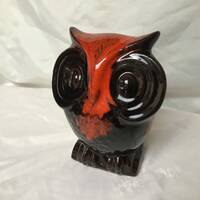 Vintage Ceramic Owl Bank: Red Drip Glaze, Canuck Pottery MCM
