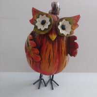 Vintage Pumpkin Owl Figurine, Fall Decor with Leaf Wings, Autumn Owl Collectible, 5.5&rdquo;