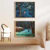 Blue Whimsigoth Gallery Wall Art Prints: Fantasy Owl and Black Cat (Digital Download)