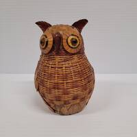 Wicker Owl Basket Trinket Box Mid Century Modern 2 Piece Lidded  Wood Rattan 5''