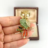 Vintage 1980s Gold Uranium Glass Owl Brooch, Multicolor Crystal Bird Pin, Statement Animal Jewelry