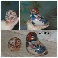 Mexican Tonala Set of 2 Owls Hand Painted Pottery Bird Folk Art Figurines Paperweights