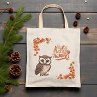 Owl & Fall Leaves Cotton Canvas Tote Bag, Hello Autumn