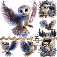 JPEG Celestial Owl Clipart Bundle Sparkling Glitter Owl Mystical owl Magical Clipart Instant Downloa