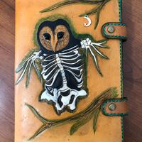 Leather Journal Cover / Grimoire  / Spell Book featuring Hand Tooled Owl Skeleton Hand Made One of a