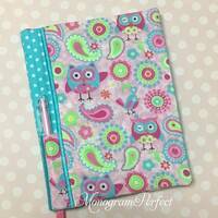 Pink and Blue Owl Print Polka Dot Fabric Composition Reusable Notebook Cover with Pen Holder (Pen no