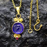 Ancient Owl Intaglio Blue Glass Necklace | 925 Sterling Silver | Athena Green Intaglio Pendant | Gre