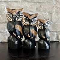 Hand Carved Wooden Owl Family Figurines Set  Black Folk Art Owls Home Decor Vintage Style Carved Bir