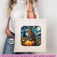 Great Horned Owl Pumpkin Patch Van Gogh Fall Tote Bag, Colorful Owl Animal Tote Bag, Cotton Canvas T