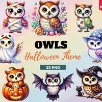 Owl Halloween PNG, Kawaii Cute Owl Halloween Clipart Watercolor, Ghost, Pumpkin, Skeleton, Witch, Va