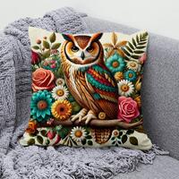 Vibrant Owl Throw Pillow Cover | Floral Cotton Linen Pillowcase | Colorful Wildlife Cushion for Couc