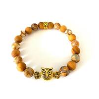 Owl Charm Stretch Bracelet: Agate, Sandalwood, Gold Tone, Owl Jewelry, Owl Bracelets, Semi-precious