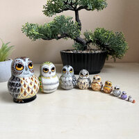 Mini Owl Set 10pcs 2,4” Miniature Collectible Hand Painted Wooden Matryoshka, Ukrainian Nestin