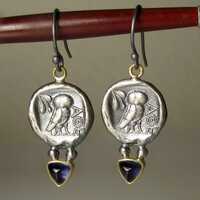 Ancient Greek Coin Earrings, Athenian Owl Coin Earrings, 18k Gold and Sterling Silver Ancient Coin a