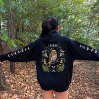 MYSTICAL OWL Zip Up Hoodie with Back & Sleeves print, Forestcore Hooded Sweatshirt, Cottagecore 