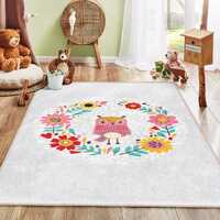 Pink Cute Owl Baby Kids Room Rug|Multicolored Flower Printed Newborn Room Carpet|Educational Modern 