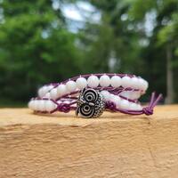Owl Bracelet, White Jade, Leather Wrapped Bracelet, Magenta Bracelet