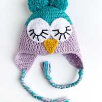 Owl Hat, crochet, beanie, toque, ear flaps, fall, winter, warm, baby, kids