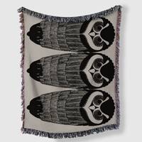 Black And Beige Art Deco Owl Woven Cotton Throw Blankets
