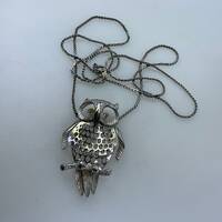 Vintage 28” Necklace Silver Toned Owl With Clear Rhinestones Used