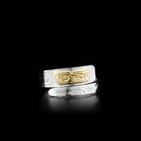 Northwest Coast Indigenous, Hand Carved Wrapped Owl 1/4" Silver and 14K Gold Ring, First Nation