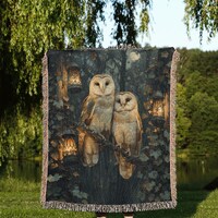 Owls in Enchanted Forest Blanket | Cozy Woven Throw with Lanterns Moonlit Trees, Perfect Nature-Insp