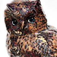 Elegant Large Owl Covered with Brown Feathers Accented with Gold Perched above a Forest of Green Tre