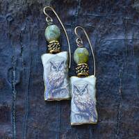 Artisan Ceramic Owl Dangle Earrings, Bohemian Bronze Wire