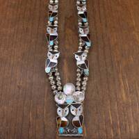 Sterling Silver Inlaid Owl Squash Blossom Necklace*