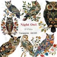 Night Owl ClipArt, Whimsical Owl PNG, Vintage Bird Art, Wing Fantasy Graphic, Rustic Floral Owl Imag