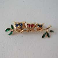 Three Owls on the Tree Branch Gold Tone Brooch Pin Enamel Rhinestones
