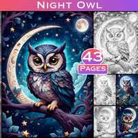 Night Owl Grayscale Coloring Pages 43 Pages of Beautiful Owls at Night, Adult Coloring Book for Insp