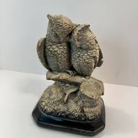 Vintage Owl Couple Resin Sculpture On Wooden Base Owl Lover MCM Decor