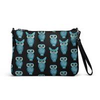 Blue Owl on Black Artwork  Print Crossbody bag Cute Funny Owls Clutch Cross Body Purse Wristlet Fest