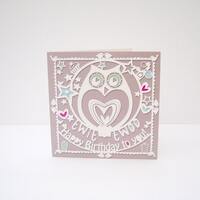 Owl birthday papercut style square greeting card.