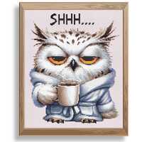 Owl with coffee cross stitch pattern, Sleepy owl cross stitch pattern, Animal cross stitch pattern