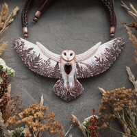 Barn owl necklace Large flying bird with botanical pattern on the wings Nature inspired Owl lover gi