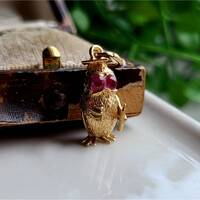 RARE GEMSET Vintage 9ct Gold Owl Charm. Moving Arms! GEMSET With Rubys! (ref00L)