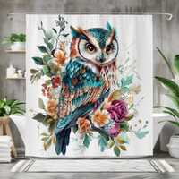 Owl Shower Curtain, Waterproof Fabric Bath Curtain, Vibrant Floral Owl Bathroom Decor, Nature-Inspir