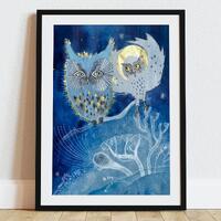 Midnight Hoots | Hand-Painted Owl Art Print | Woodland Nursery Decor | Forest Animal Wall Art | Kids
