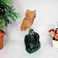Birds on Crystal, Orange Quartz Owl on Fluorite, Gemstone Bird Carving, Crystal Home Decor, Crystal 