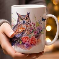 Owl Mug, Owl Lovers Gift, Floral Owl Design, Artistic Owl Mug, Colorful Owl Illustration, Unique Cof